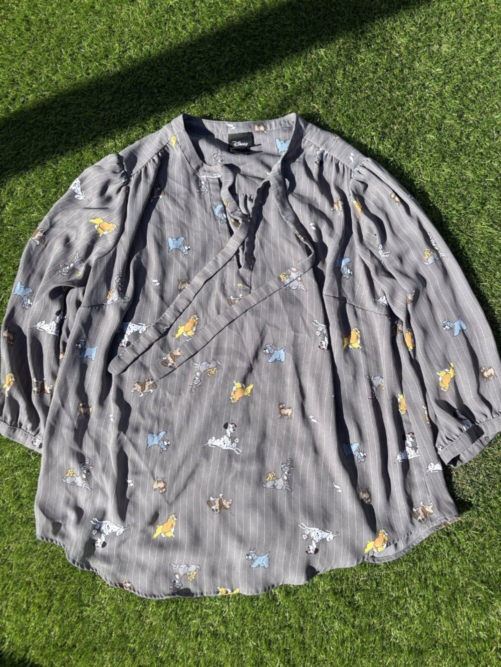 Disney Dogs Print Blouse Lady and the Tramp 101 Dalmatians Grey Tie Neck XL